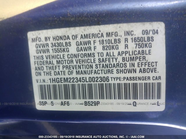 1HGEM22345L002306 - 2005 HONDA CIVIC DX VP Mavi foto 9