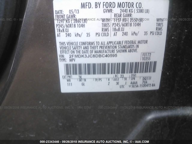 2FMDK3JC8DBC40595 - 2013 FORD EDGE SEL GRAY photo 9