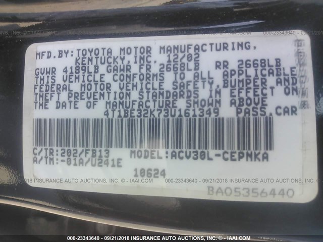 4T1BE32K73U161349 - 2003 TOYOTA CAMRY LE/XLE/SE BLACK photo 9