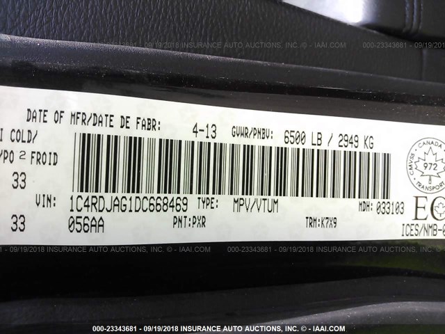 1C4RDJAG1DC668469 - 2013 DODGE DURANGO SXT BLACK photo 9