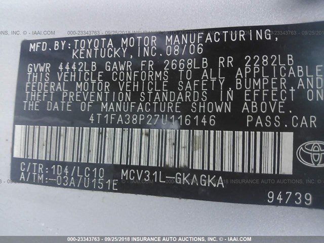 4T1FA38P27U116146 - 2007 TOYOTA CAMRY SOLARA SE/SLE Gümüş foto 9