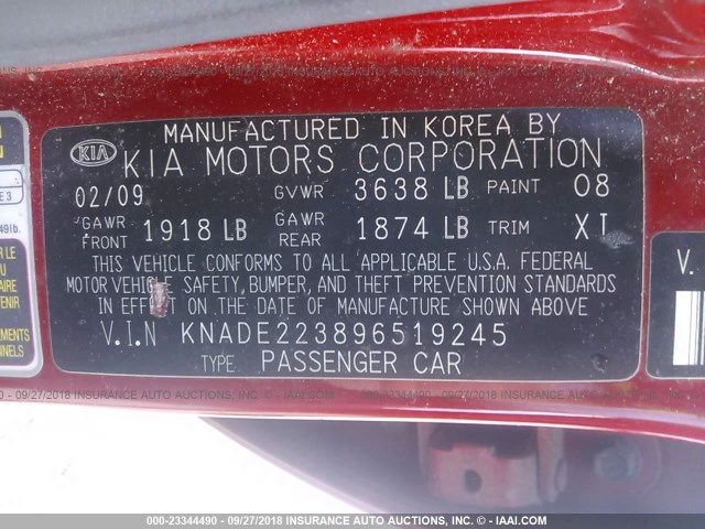 KNADE223896519245 - 2009 KIA RIO LX/SX RED photo 9