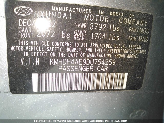 KMHDH4AE9DU754259 - 2013 HYUNDAI ELANTRA GLS/LIMITED SILVER photo 9