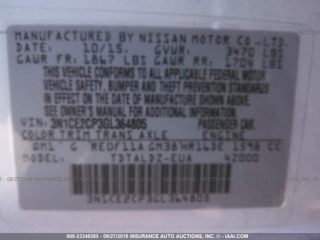 3N1CE2CP3GL364805 - 2016 NISSAN VERSA NOTE S/S PLUS/SV/SL/SR WHITE photo 9