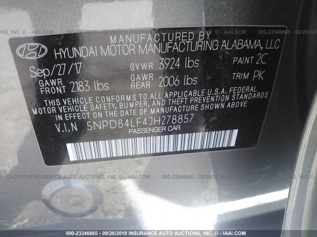 5NPD84LF4JH278857 - 2018 HYUNDAI ELANTRA SEL/VALUE/LIMITED GRAY photo 9