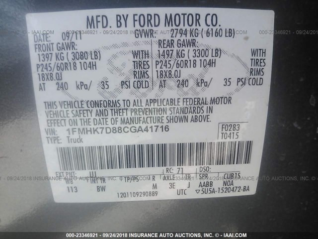 1FMHK7D88CGA41716 - 2012 FORD EXPLORER XLT GRAY photo 9