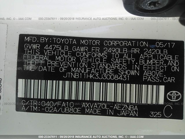 JTNB11HK3J3008431 - 2018 TOYOTA CAMRY L/LE/XLE/SE/XSE WHITE photo 9