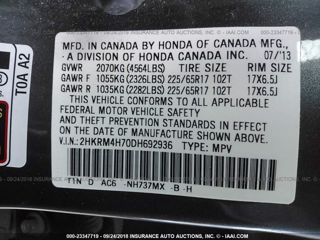 2HKRM4H70DH692936 - 2013 HONDA CR-V EXL GRAY photo 9