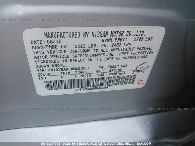 JN1DV6AR6BM450561 - 2011 INFINITI G25 SILVER photo 9