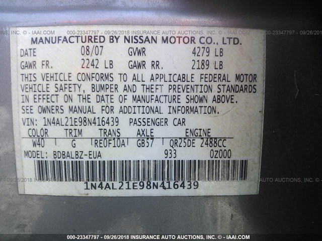 1N4AL21E98N416439 - 2008 NISSAN ALTIMA 2.5/2.5S GRAY photo 9