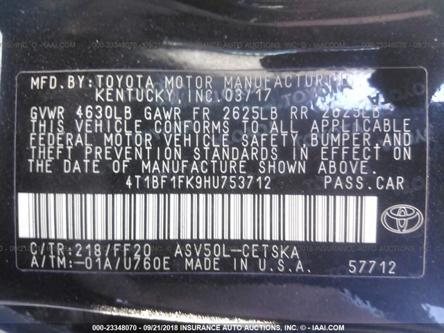 4T1BF1FK9HU753712 - 2017 TOYOTA CAMRY LE/XLE/SE/XSE BLACK photo 9