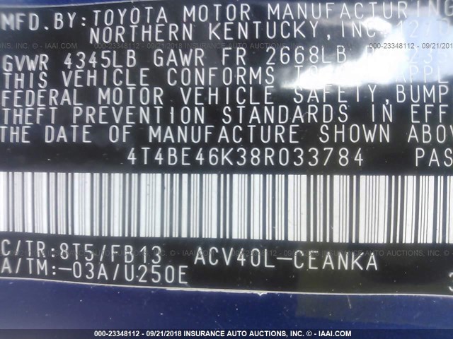4T4BE46K38R033784 - 2008 TOYOTA CAMRY CE/LE/XLE/SE BLUE photo 9