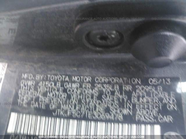 JTKJF5C71E3069478 - 2014 TOYOTA SCION TC GRAY photo 9