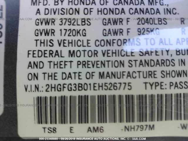 2HGFG3B01EH526775 - 2014 HONDA CIVIC EXL SILVER photo 9