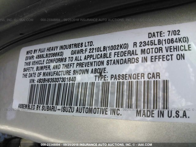 4S3BH635337301840 - 2003 SUBARU LEGACY L/L SPECIAL SILVER photo 9