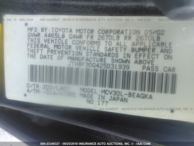 JTHBF30G425031939 - 2002 LEXUS ES 300 BLACK photo 9