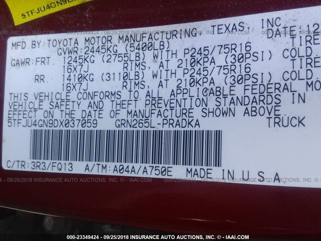 5TFJU4GN9DX037059 - 2013 TOYOTA TACOMA DOUBLE CAB PRERUNNER RED photo 9