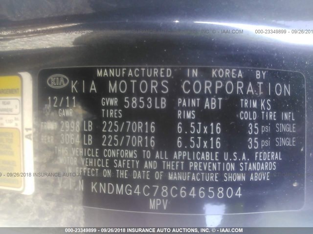 KNDMG4C78C6465804 - 2012 KIA SEDONA LX GRAY photo 9