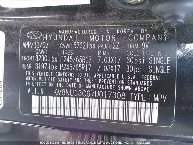 KM8NU13C67U017308 - 2007 HYUNDAI VERACRUZ GLS/SE/LIMITED BLUE photo 9