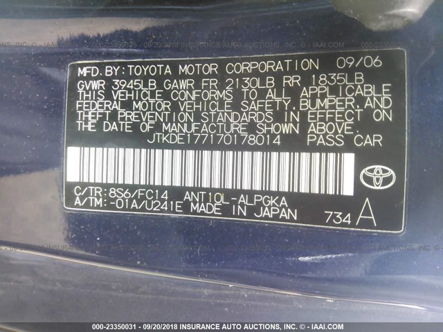 JTKDE177170178014 - 2007 TOYOTA SCION TC Mavi foto 9