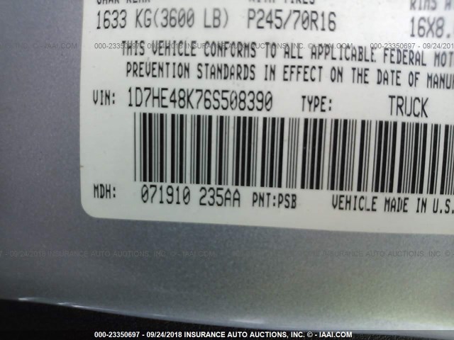 1D7HE48K76S508390 - 2006 DODGE DAKOTA QUAD SLT SILVER photo 9