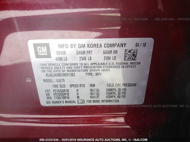 KL4CJASB0JB691383 - 2018 BUICK ENCORE PREFERRED RED photo 9