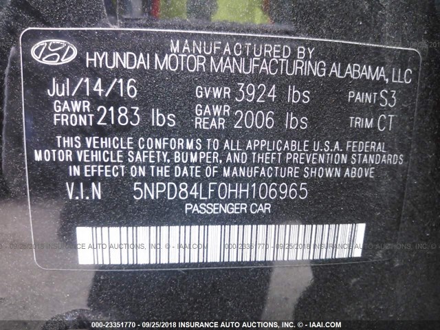 5NPD84LF0HH106965 - 2017 HYUNDAI ELANTRA SE/VALUE/LIMITED BLACK photo 9