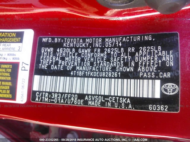 4T1BF1FK0EU828261 - 2014 TOYOTA CAMRY L/SE/LE/XLE წითელი ფოტო 9