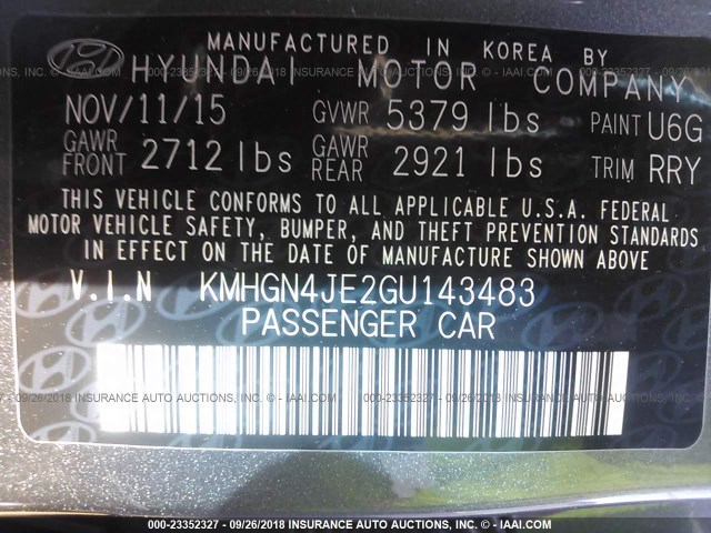 KMHGN4JE2GU143483 - 2016 HYUNDAI GENESIS 3.8L GRAY photo 9