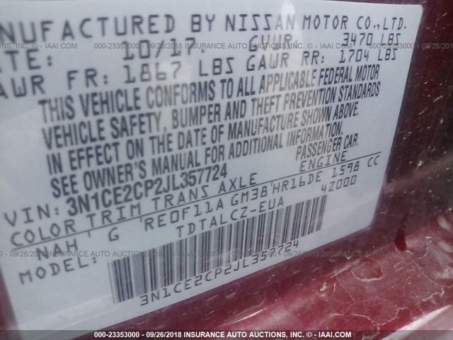 3N1CE2CP2JL357724 - 2018 NISSAN VERSA NOTE S/S PLUS/SV/SL/SR RED photo 9