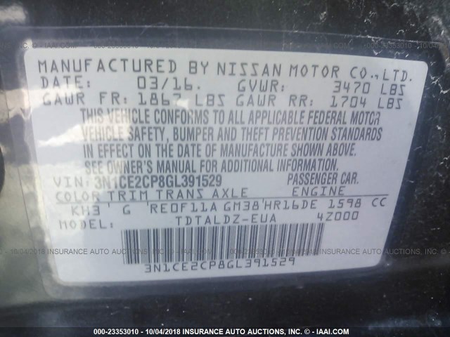 3N1CE2CP8GL391529 - 2016 NISSAN VERSA NOTE S/S PLUS/SV/SL/SR BLACK photo 9