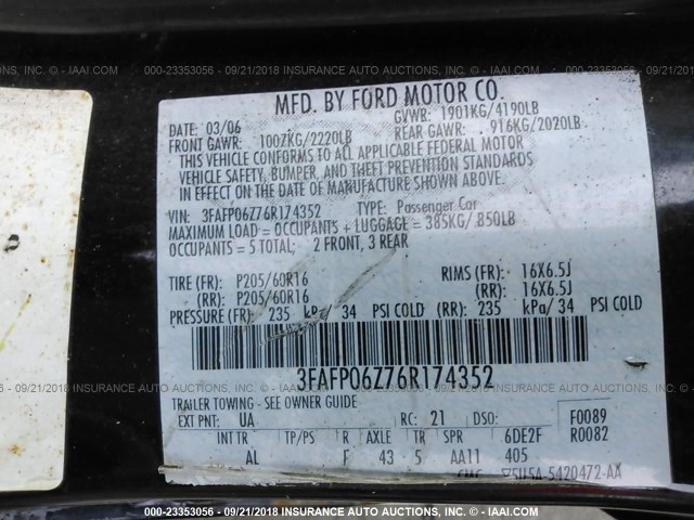 3FAFP06Z76R174352 - 2006 FORD FUSION S BLACK photo 9