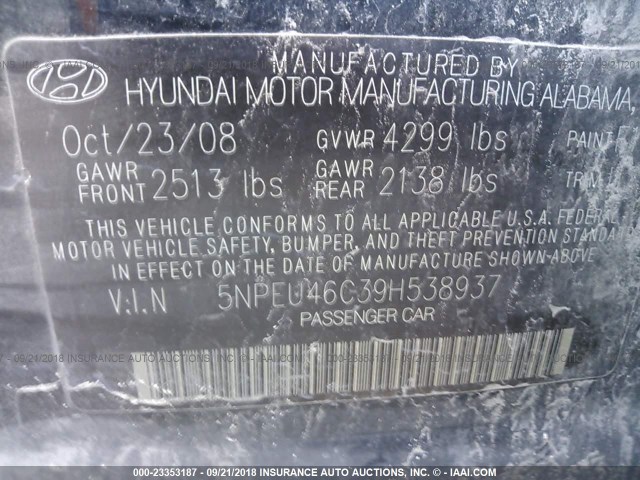 5NPEU46C39H538937 - 2009 HYUNDAI SONATA SE/LIMITED BLACK photo 9