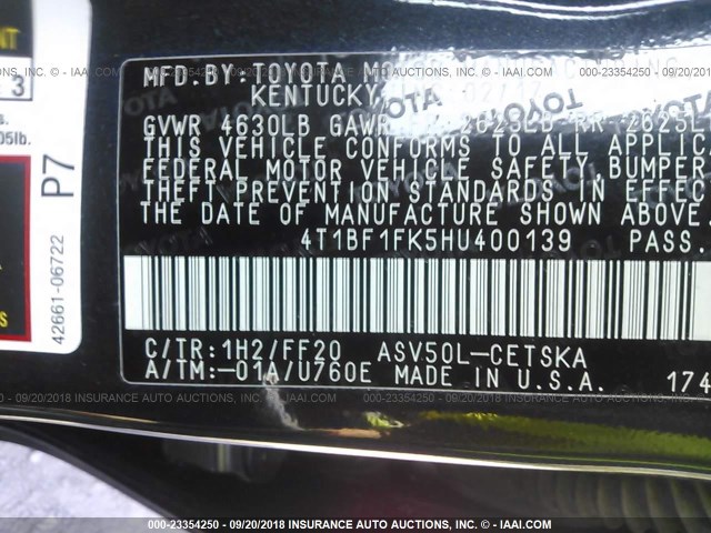 4T1BF1FK5HU400139 - 2017 TOYOTA CAMRY LE/XLE/SE/XSE BLACK photo 9