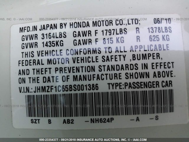 JHMZF1C65BS001386 - 2011 HONDA CR-Z EX WHITE photo 9