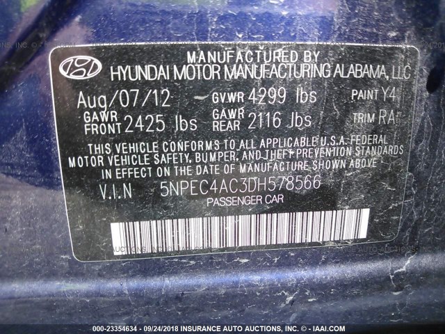 5NPEC4AC3DH578566 - 2013 HYUNDAI SONATA SE/LIMITED BLUE photo 9