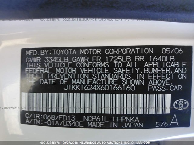 JTKKT624X60166160 - 2006 TOYOTA SCION XA WHITE photo 9