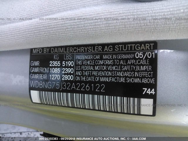 WDBNG75J32A226122 - 2002 MERCEDES-BENZ S 500 SILVER photo 9
