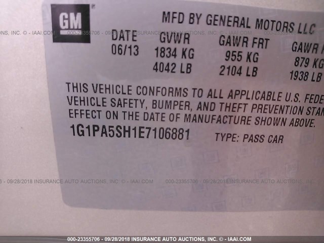 1G1PA5SH1E7106881 - 2014 CHEVROLET CRUZE LS SILVER photo 9