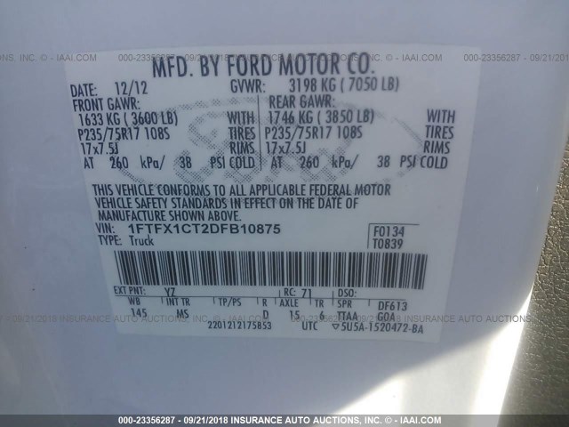 1FTFX1CT2DFB10875 - 2013 FORD F150 SUPER CAB WHITE photo 9