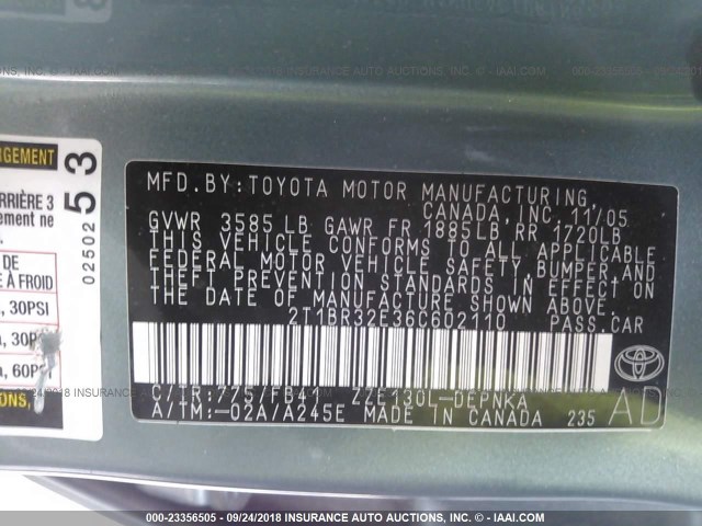 2T1BR32E36C602110 - 2006 TOYOTA COROLLA CE/LE/S GREEN photo 9