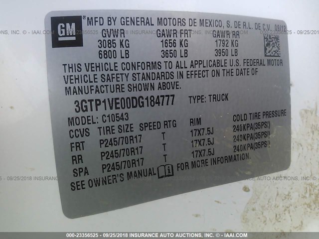 3GTP1VE00DG184777 - 2013 GMC SIERRA C1500 SLE WHITE photo 9