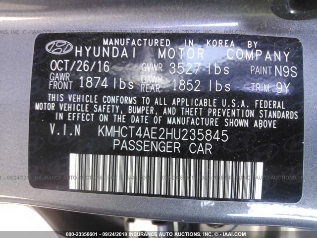 KMHCT4AE2HU235845 - 2017 HYUNDAI ACCENT SE GRAY photo 9