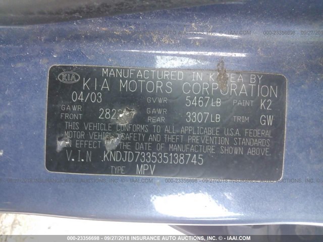 KNDJD733535138745 - 2003 KIA SORENTO EX/LX BLUE photo 9