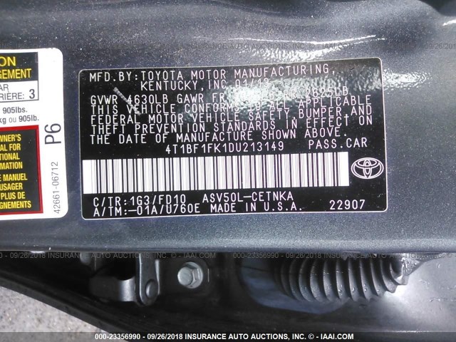 4T1BF1FK1DU213149 - 2013 TOYOTA CAMRY L/SE/LE/XLE 灰色 照片 9