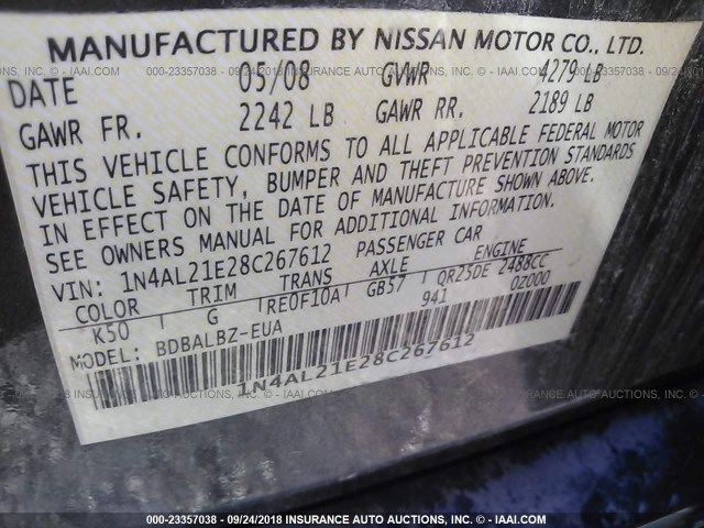 1N4AL21E28C267612 - 2008 NISSAN ALTIMA 2.5/2.5S GRAY photo 9