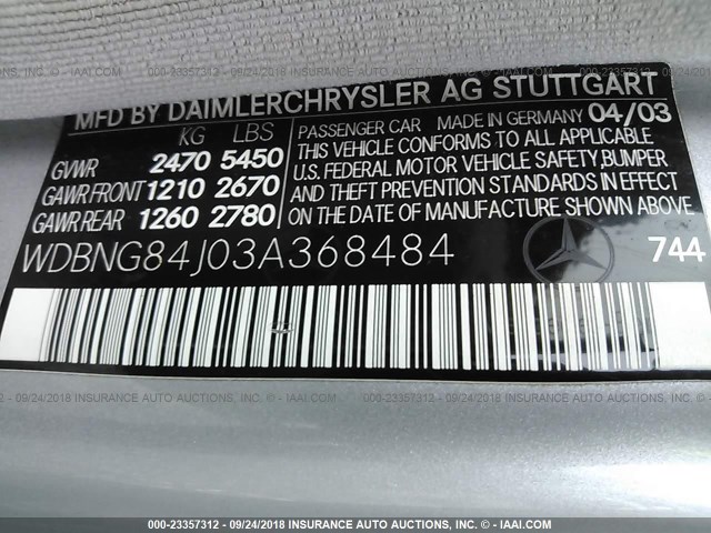 WDBNG84J03A368484 - 2003 MERCEDES-BENZ S 500 4MATIC SILVER photo 9