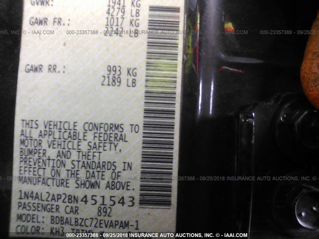 1N4AL2AP2BN451543 - 2011 NISSAN ALTIMA S შავი ფოტო 9