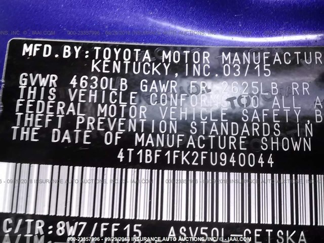 4T1BF1FK2FU940044 - 2015 TOYOTA CAMRY LE/XLE/SE/XSE BLUE photo 9