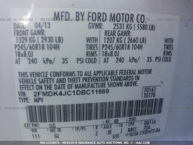 2FMDK4JC1DBC11669 - 2013 FORD EDGE SEL WHITE photo 9